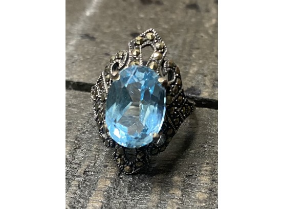 925 Blue Topaz With Marcasite Ring Size 8- 6.9 Grams