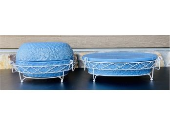 2 Light Blue Oval Ovenware Dishes With Lids & Metal Caddies