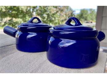 2 Lidded Cobalt Blue Soup Mugs With Handle