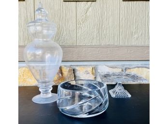 3 Pc. Glass Lidded Jar, Bowl And Footed Square Plate