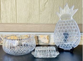 3 Pc. Glass Serving Lot With Large Crystal Bowl