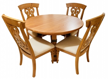 45' Round Wood Dining Table With Metal Cross Band Supports By Kinkaid, 18' Leaf Plus 4 Lane Chairs