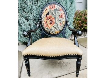 Lovely Arm Chair With Tan Leather Seat & Needlepoint Back