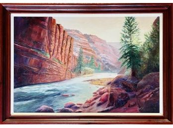 Original Signed Painting Of River Trough Red Rocks Scene In Wood Frame