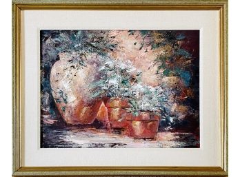 Original Painting Of 3 Terracota Pots With Plants With Linen Mat Insert