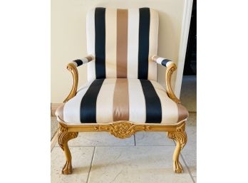 French Style Accent Arm Chair With Ivory/black/tan Fabric And Carved Wood Legs