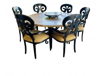 Outstanding 59' Round Stone Top Table With Wrought Iron Base, 6 Wood Chairs And Karastan Wool Rug