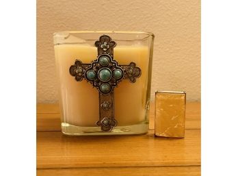 Square Candle With Turquoise Accent Cross