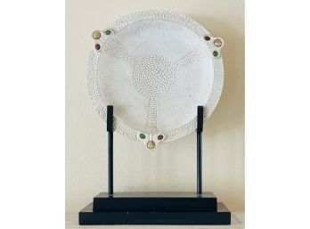 Large Ceramic Plate With Inlayed Stones On Metal Stand