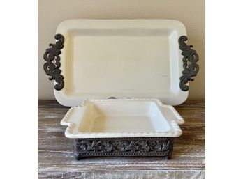2 Ceramic Platter With Easel & Square Baking Dish In Caddy By Gracious Goods
