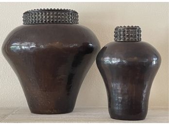 2 Large Metal Jars With Lids In Dark Hammered Finish By Montaage