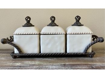 3 Pc. Ceramic Canister Set In Cast Metal Caddy By Gracious Goods