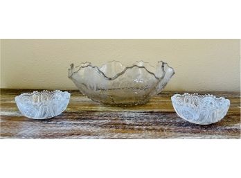 Vintage Etched Glass Fluted Edge Salad Bowl With 2 Small Cut Glass Dishes