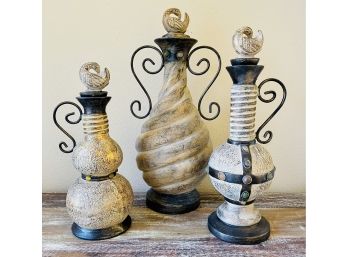 3 Ceramic/metal Trimmed Jars With Bird Tops