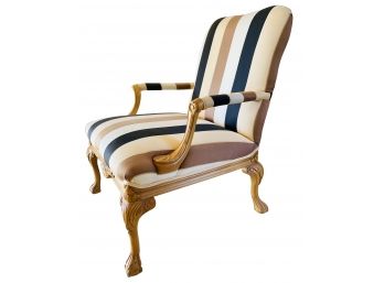 French Style Accent Arm Chair With Ivory/black/tan Fabric And Carved Wood Legs