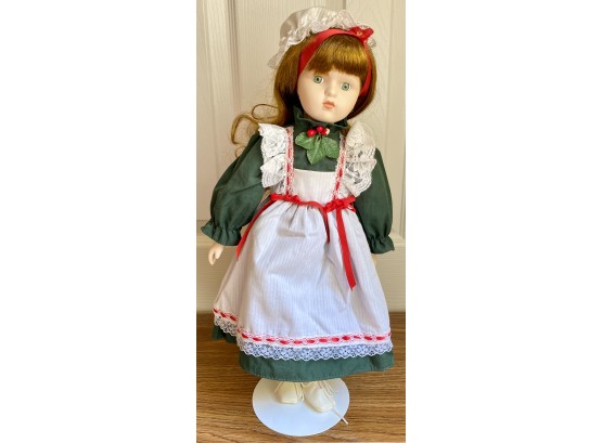 16' Porcelain Doll In Green Dress With White Apron