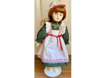 16' Porcelain Doll In Green Dress With White Apron