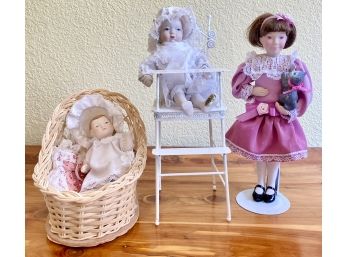 (3) Misc. Porcelain Dolls Babie In High Chair 9' Tall