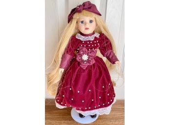 16' Porcelain Doll In Red Dress With Long Blonde Hair