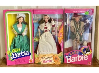 Lot Of (3) Barbies: Irish #7517, SE Pilgrim #12577, Army #1234