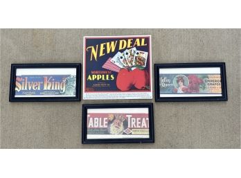 3 Framed Vintage Produce Box Labels With 1 Tin Sign