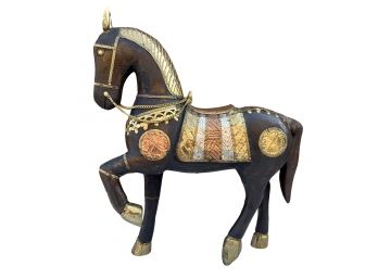 Decorative 16' Wood Horse With Copper & Brass Accents