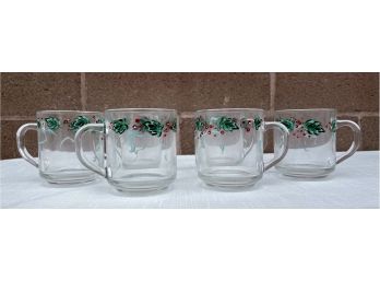 6 Glass Mugs With Painted Holly Design