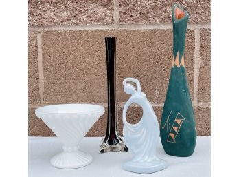 4 Pc. Vase Lot With Blue Statue Of Lady