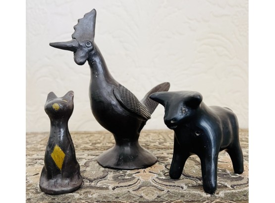 3 Vintage Black Clay Figurines With Cat, Bull & Road Runner