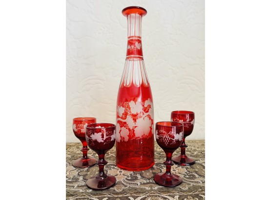 5 Pc. Compatible Antique Cranberry Glass Cordials With Decanter