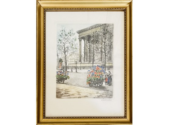 Antique Etching Signed- Flower Sellers In European City