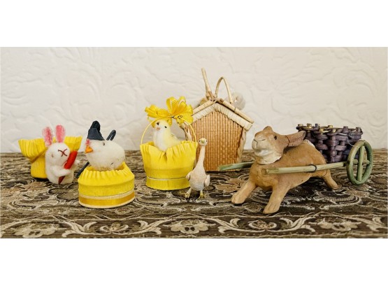 Sweet Antique Chicks & Rabbit Easter Toys/decor- Paper And Wicker