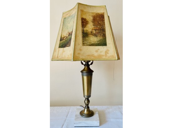 Brass Table Lamp With English Scenes- AS IS