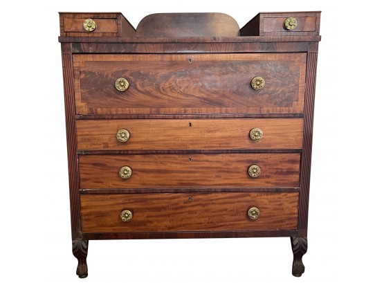 Large Mahogany Antique Dresser With Burled Accent Veneer Fronts, Dovetailed Drawers & Original Brass Hardware