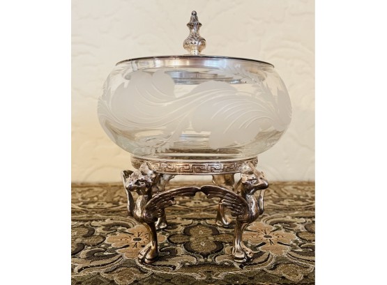 Silver Plate Lidded Candy Dish On Stand