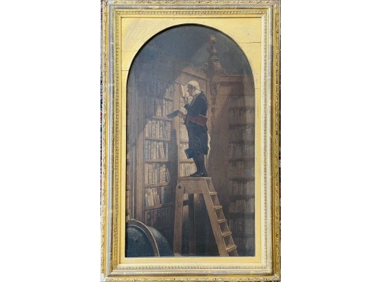 Antique 1800's Painting On Canvas With Gilt Frame 'man On Library Steps'