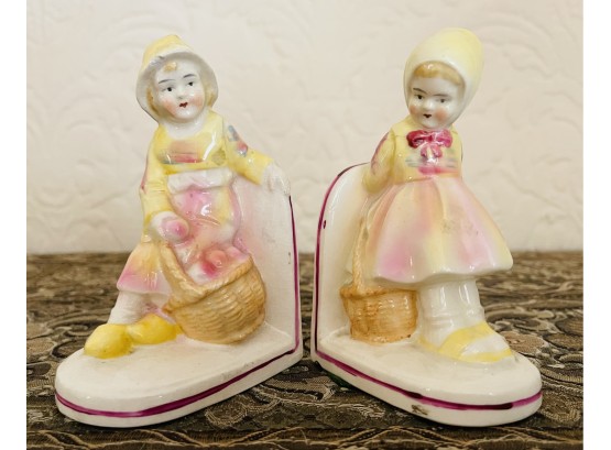 Pair Of Antique Porcelain Dutch Girl Bookends