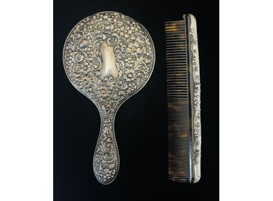 2 Antique Sterling Silver Handle Hand Mirror & Tortoise Shell Comb