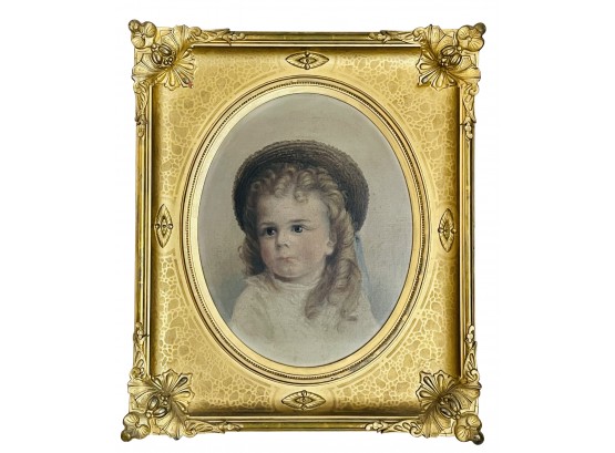 19th Century Painting In Gilt Oval Frame- Portrait Of Young Child With Straw Hat