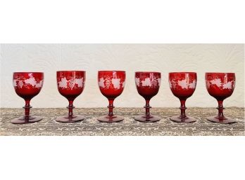 Cranberry Red Wine Goblets With Grape Etching