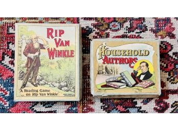 2 Antique Milton Bradley Games With Great Graphics- Rip Van Winkle & Household Authors