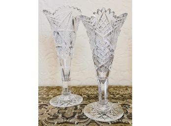 2 Vintage Libby Glass Cut Crystal Trumpet Vases