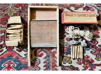 Antique Dollys Clothes Line, Pins & Washboard With Original Boxes