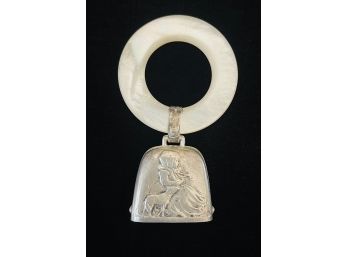 Sterling Silver Baby Rattle With MOP Ring- Girl With Lamb