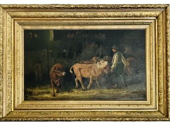 Signed Original Oil On Canvas Painting Of Barn W/cows & Farmer In Ornate Gilt Frame
