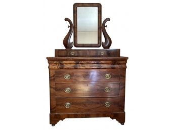 Circa 1820-1850 Early Mahogany Empire Style Dresser With Mirror, Brass Hardware & Keys