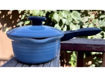 Vintage Le Creuset Enameled Cast Iron #16 Blue Pan With Spout And Plastic Handle
