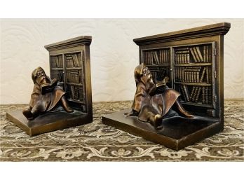 Antique Heavy Bronze Bookends- Marked B & H