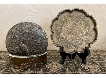 3 Pc. Lot Of Antique Brass Decor With Tray And Peacock Trinket Box