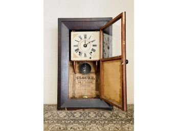 Antique Wall Clock By W.M. Johnson NY -Jerome Type Clock With Wood Case, Mirrored Door And Key